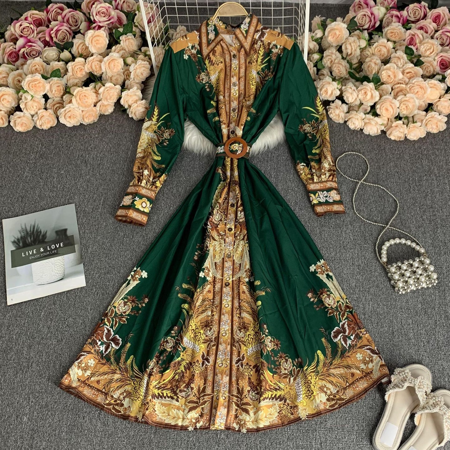 Palace Style Dress Women's Autumn High Waist Round Neck Dress
