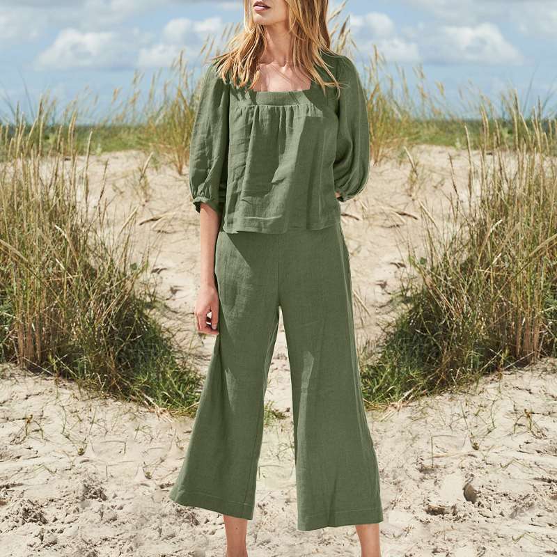 Women's Solid Color Retro Cotton And Linen Casual Long Sleeve Blouse And Pants